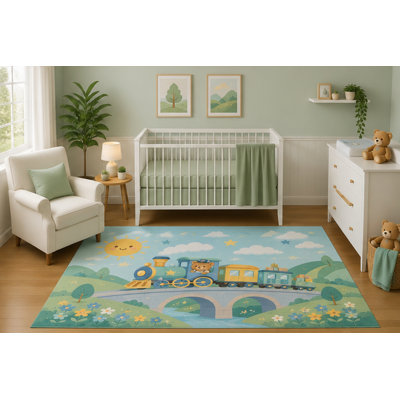 "Ultra Lightweight" 5'x7' Teddy Bear Train Area Rug for Nursery Room, Cute Woodland Railway Landscape and Sunshine Design for Baby Boy Bedroom Decor, Non-Slip Silicone Backing Low Pile