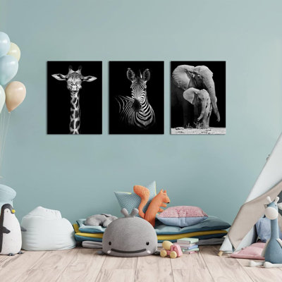 Visual Art Decor Black And White African Wildlife Canvas Wall Art Animal Zebra Giraffe Elephant Portrait Picture Poster Artwork For Home Living Room Bedroom Room Kids Room Office Wall Decoration Ready To Hang