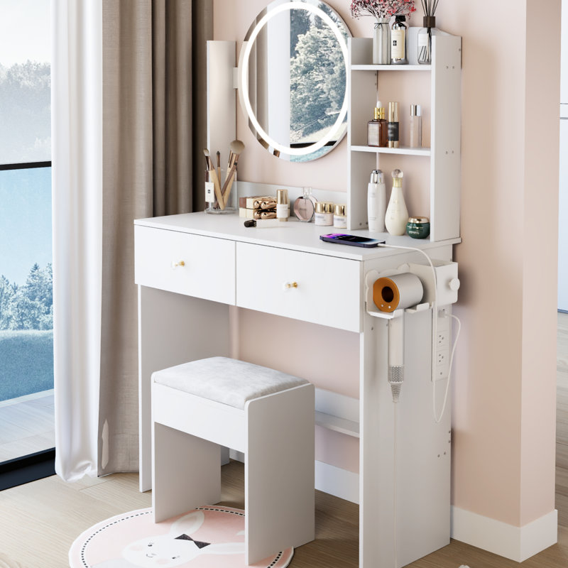 17" Round Led Vanity Table And Cushioned Stool , 3 - Color Adjustable System, Touch Controlled Mirror , Built In 2 Ac + 1 Type C Ports, Large Desktop, Multi Layer Storage, American Design, White