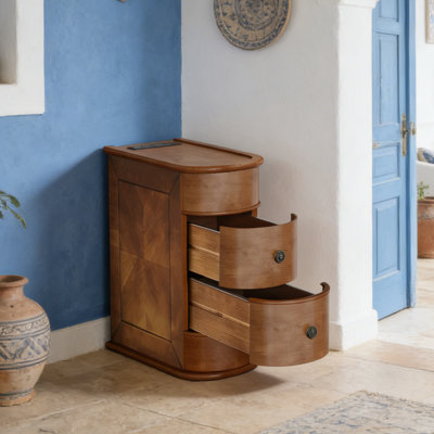 End Table with Charging Station, Wood Side Table with 2 Drawers & USB Ports, Mid Century Modern Arc Design Nightstand for Living Room, Bedroom & Small Spaces