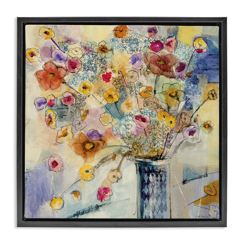 Dessin de fleurs chaotiques, Cadre flottant noir de jais, H 25 po x l 25 po