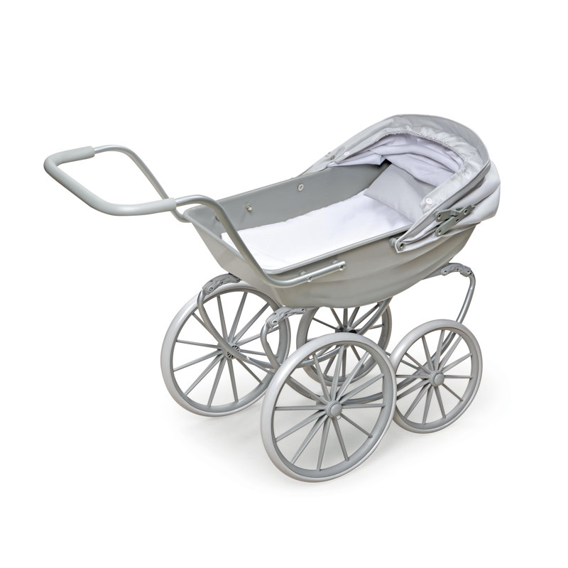 Executive Gray and White Metal Doll Pram with Canopy