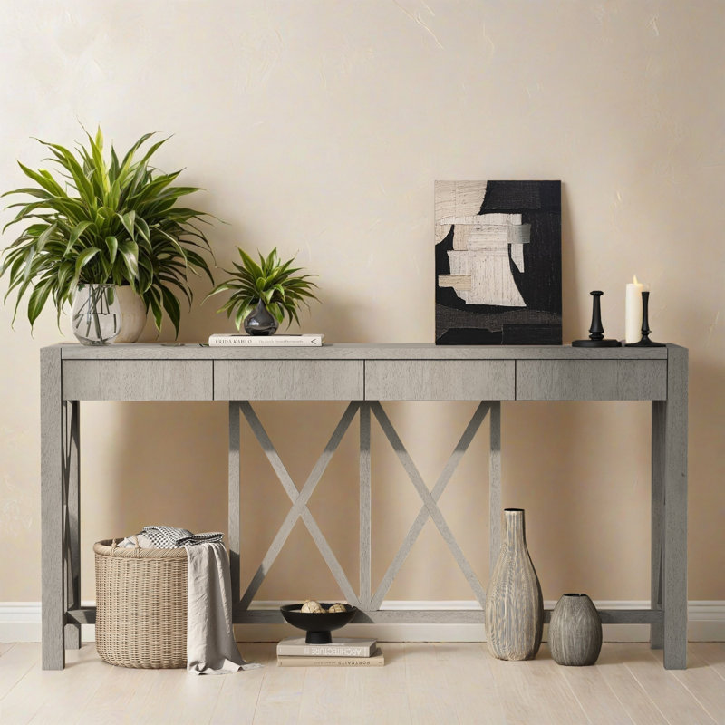 Console en placage d'acacia 60,11 po avec 4 tiroirs, canapé de hall d'entrée de style moderne Crisscross pour le salon, le couloir