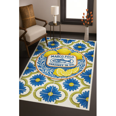 Tapis bleu tissé lavable rétro Mosso