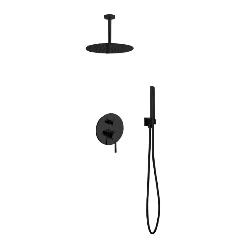 Système de douche complet à pression équilibrée avec valve brute Aqua Rondo, Noir mat