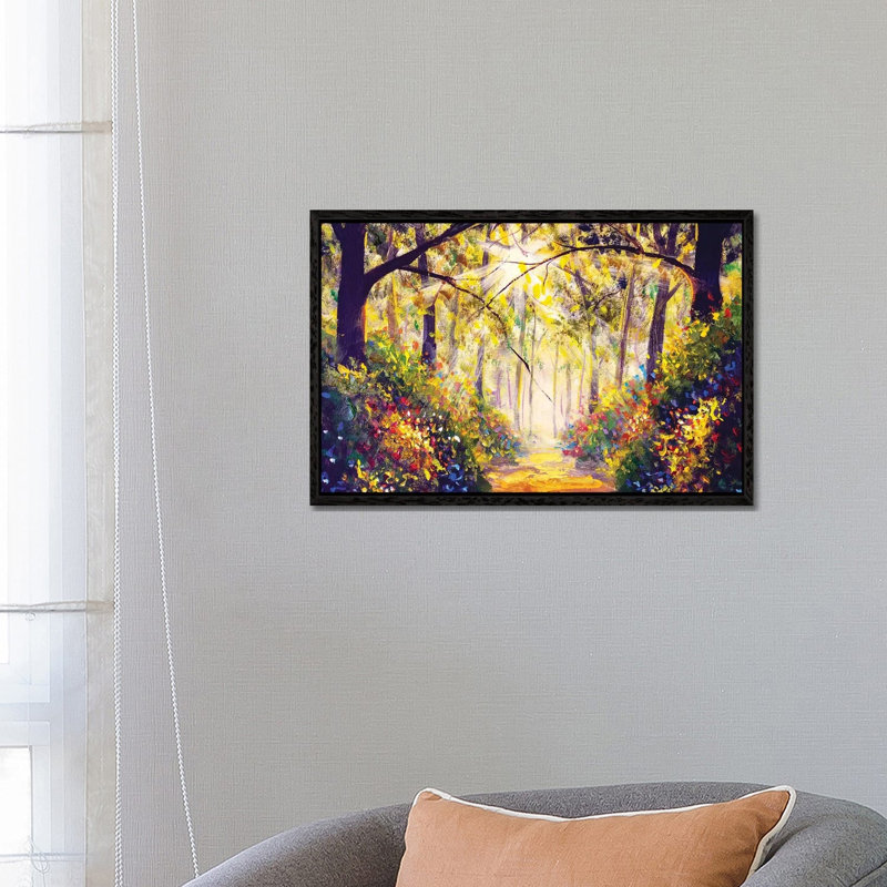 Sunny Forest Wood Trees by Valery Rybakow - Painting on Canvas, 45.72cm H x 66.04cm W x 3.81cm D, Black Framed