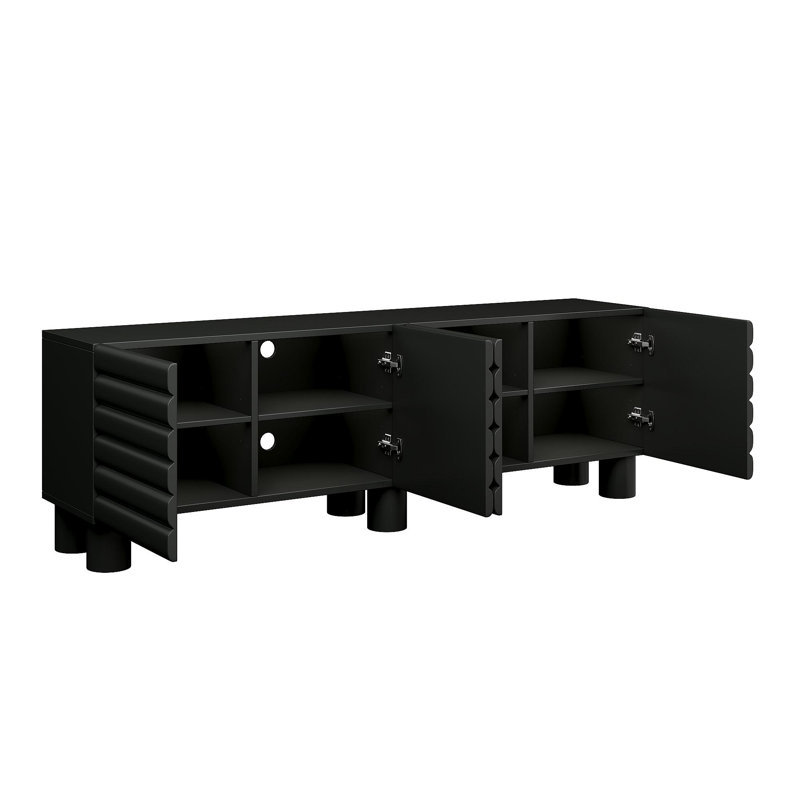 Stylish Thick Wavy Door TV Cabinet With Adjustable Shelves, Cream Style TV Stand With 4 Cabinets For Tvs Up To 75", Solid Media Console With Cylindrical Legs And Cable Holes For Living Room, Black