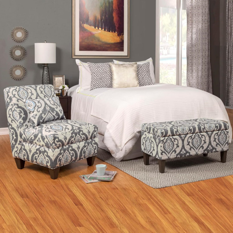 Large Upholstered Rectangular Storage Ottoman Bench With Hinged Lid, Slate Damask