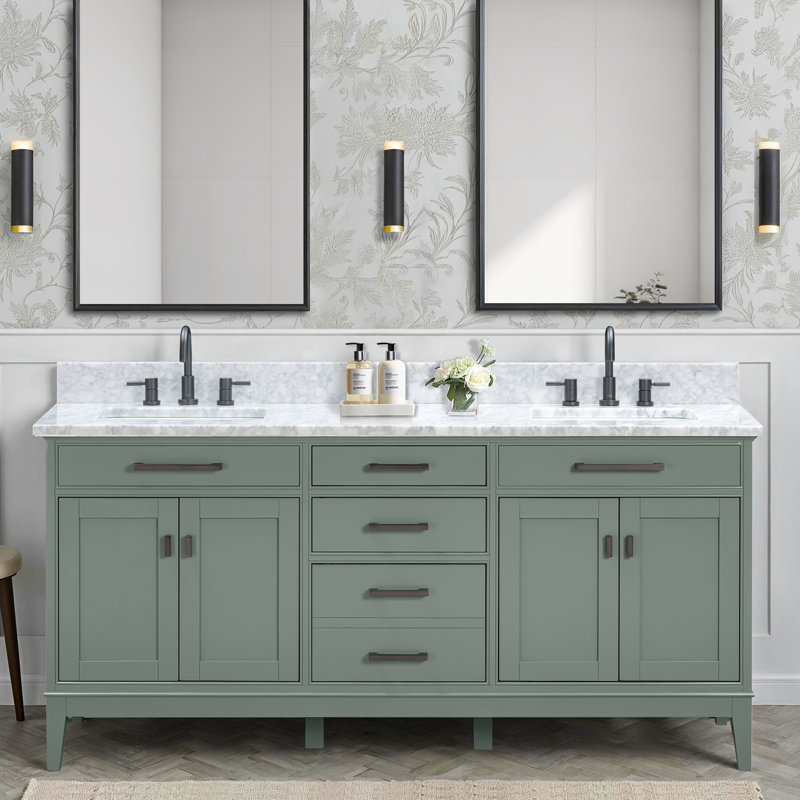 Madison 72" Double Bathroom Vanity Set, Carrera White, Smoke Green