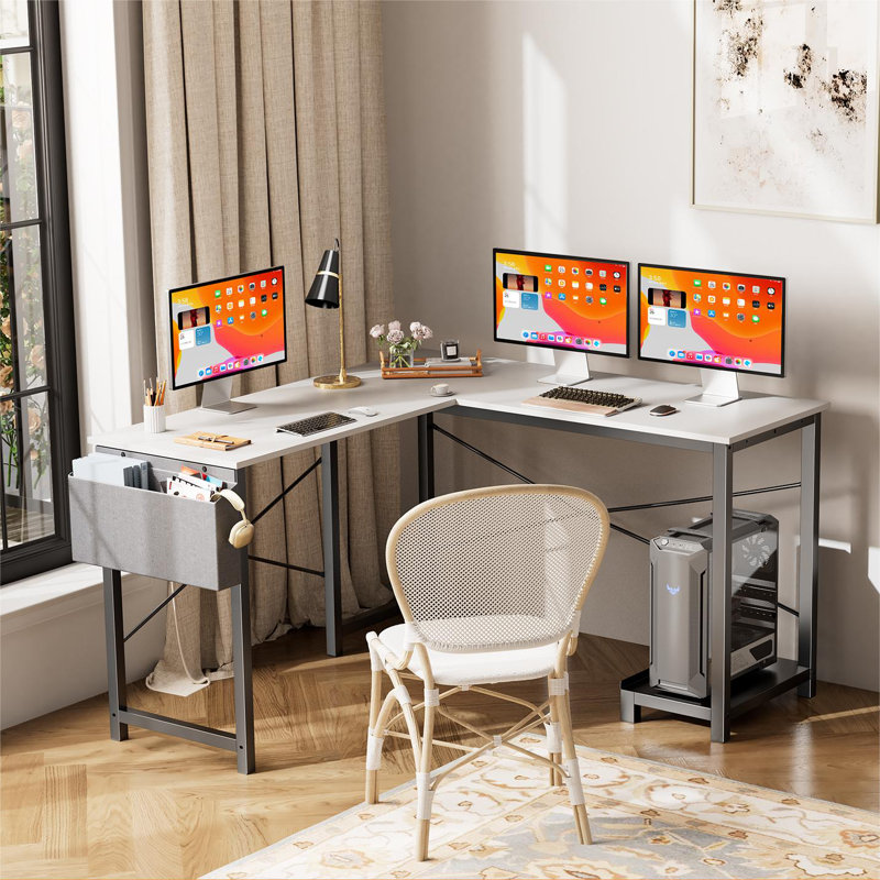 Bureau en L réversible de 50 po de large avec sac de rangement Hussan, Blanc, Bois aggloméré