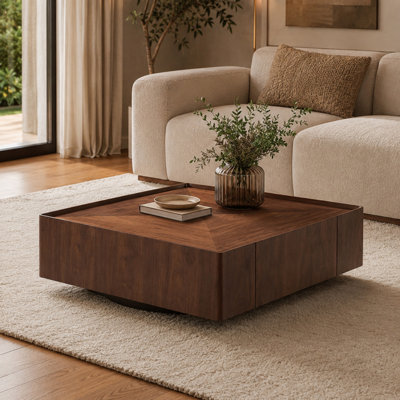 Caston 39.3" Square Coffee Table with Walnut Finish, Low-Profile Modern MDF Cocktail Table with Rounded Corners for Living Room
