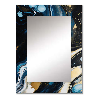 Hazella Gold and blue Abstract liquid ink serenade of swirls III - Liquid Ink Large Wall Mirror, Gold Unique Mirror, Printed Metal Art