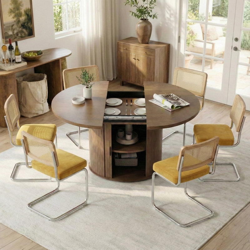 Extendable Round Dining Table Set With 6 Cane Back Cantilever Chairs, Yellow