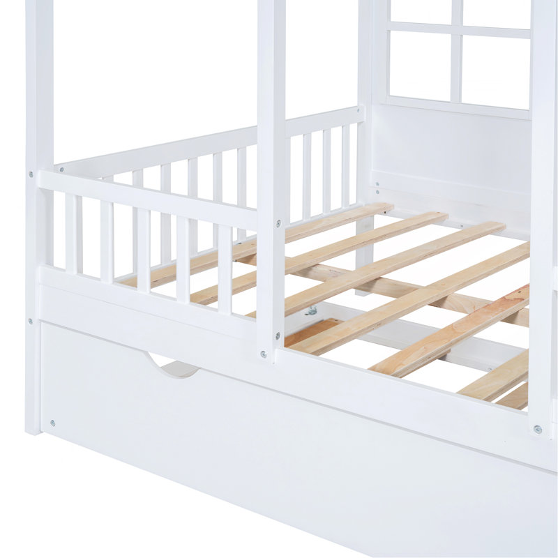 Lit double en bois avec lit gigogne simple, lit de jour en bois, blanc