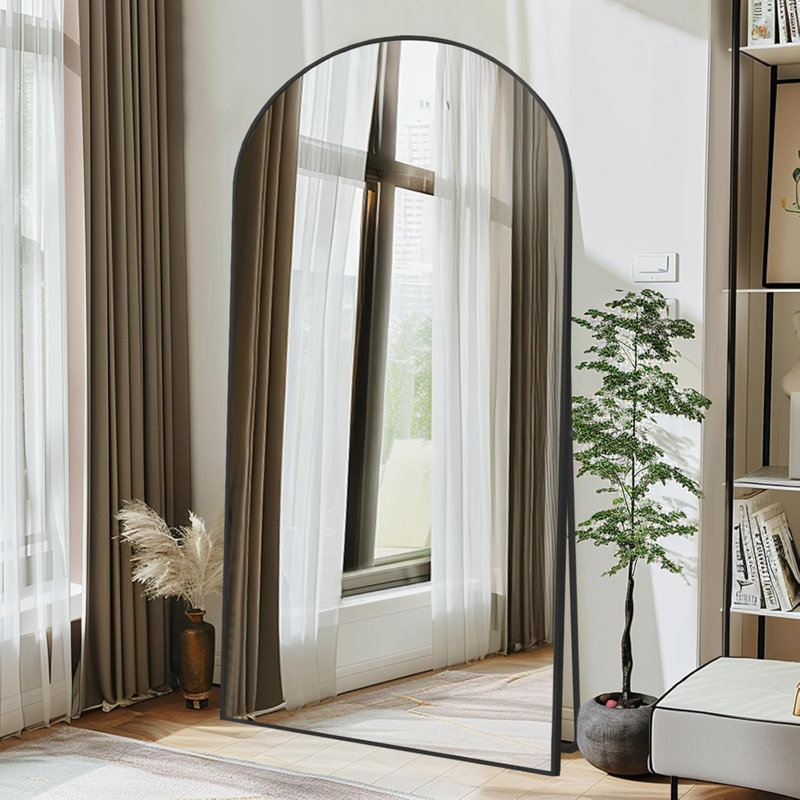 Large Arched Full Length Mirror with Stand, Wall Mounting Full Body Tempered Mirror, Metal Frame Full-Length Mirror for Living Room, Bedroom