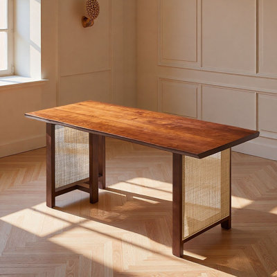 Modern Solid Ash Wood Dining Table with Rattan
