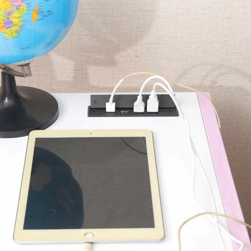 White and Pink Metal Writing Desk with USB Port and Drawer