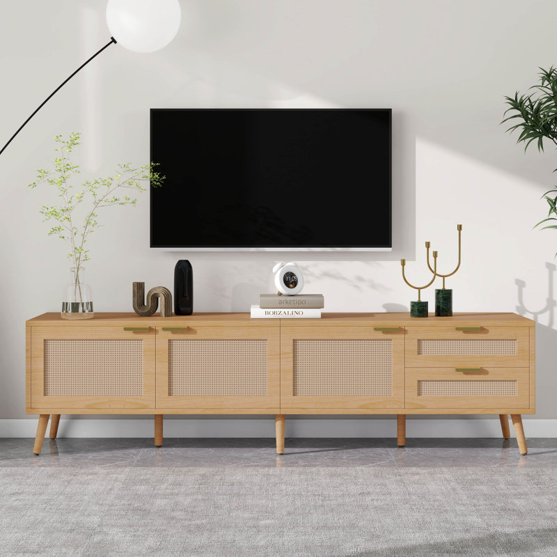 Meuble télé moderne avec portes en rotin, console multimédia avec armoires, 2 tiroirs