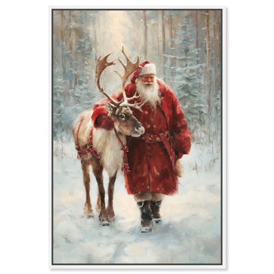 Père Noël et son renne, impression murale sur toile par Art Remedy, cadre blanc, 20 x 30