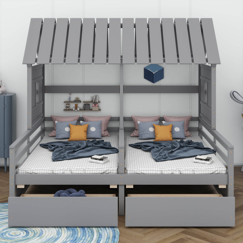 Lits plateforme simple pour lit simple, chacun équipé de deux tiroirs, Gris