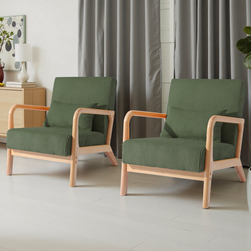 Jyrin Mid Century Upholstered Gray Green Corduroy Solid Wood Accent Chair with an Extra Pillow, Gray Green, Natural Wood, 2