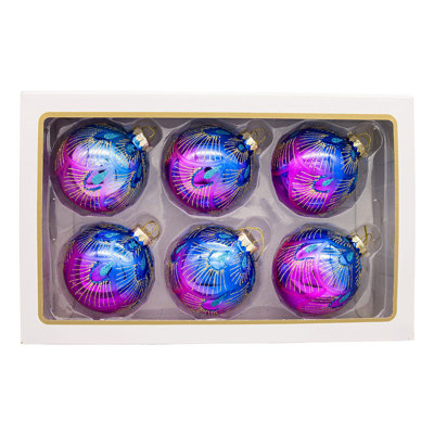 Ornements en forme de boule de paon en verre mauve et bleu de 80 mm Kurt Adler, joliment emballés dans une boîte de 6 pièces