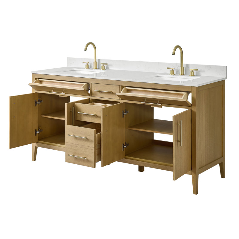 Ensemble de vanité double de 183 cm (72 po) entièrement assemblé, avec comptoir et dosseret en granit blanc., Oak Wood