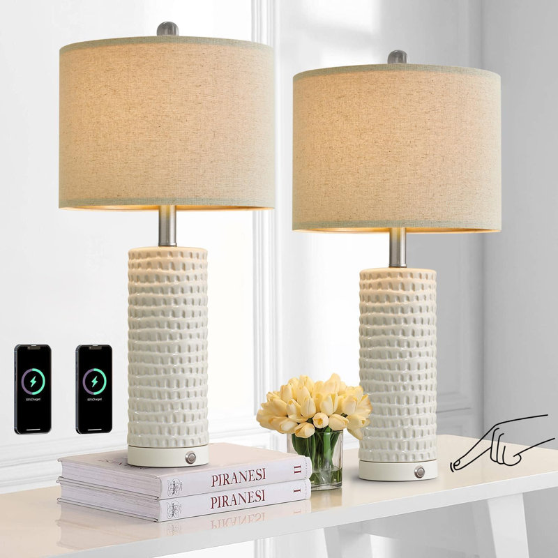 Everly Quinn 24" Farmhouse 3-Way Dimmable Touch Ceramic Table Lamp Set Of 2 For Bedroom Bedside Lamps With USB A+C Charging Ports For Living Room Nightstand Lamp End Table Lamps
