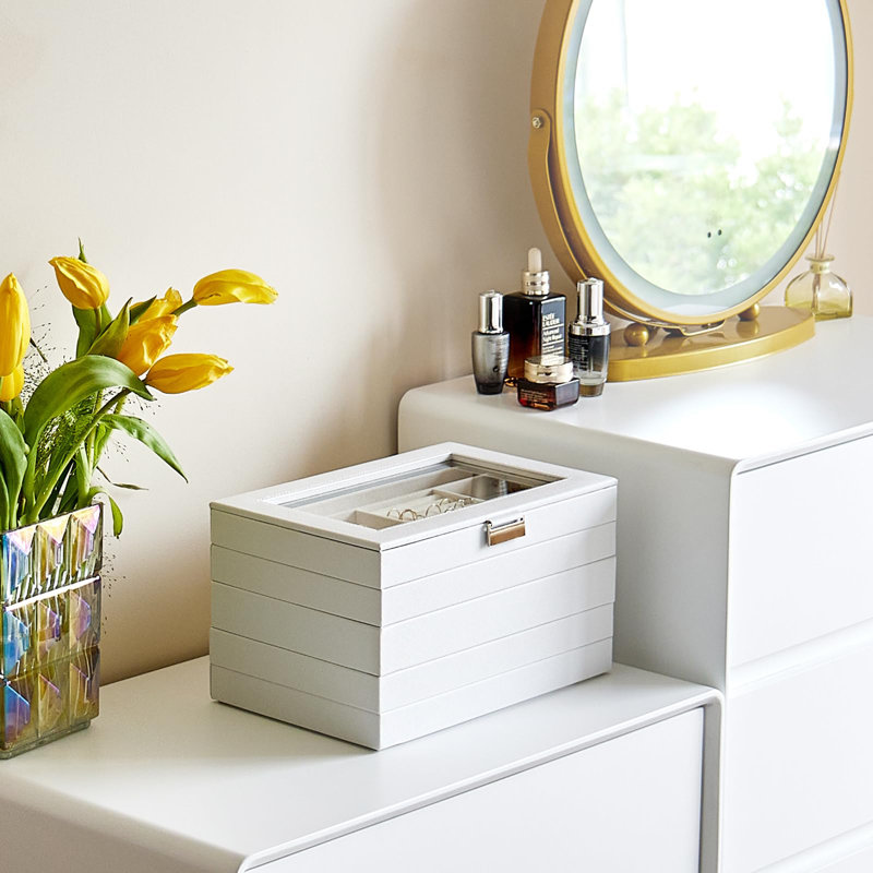 Boîte à bijoux empilable à 5 couches, plateaux à bijoux empilables pour le rangement des tiroirs de la commode, étui à bijoux avec couvercle - blanc