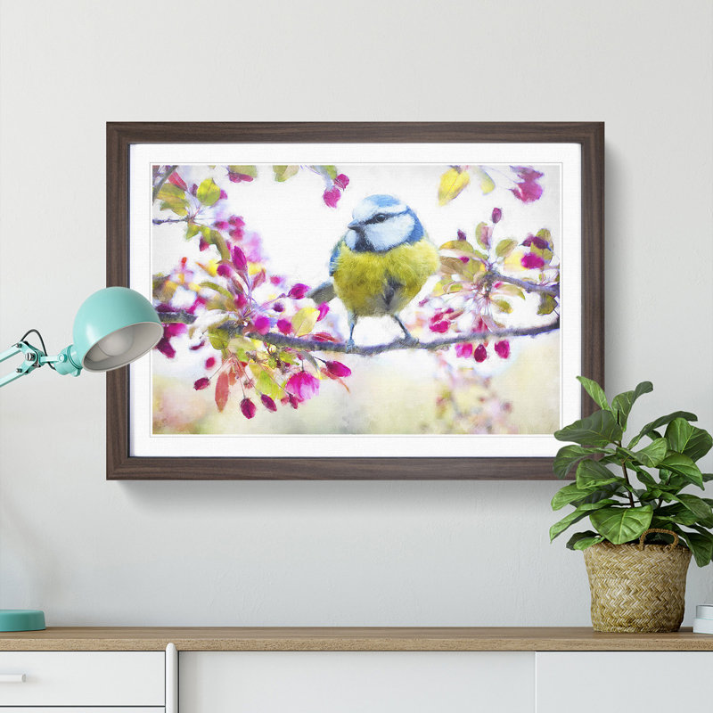 Blue Tit Bird In Spring Painting - Single Picture Frame Print on MDF, Walnut, 33cm H x 45cm W x 2cm D