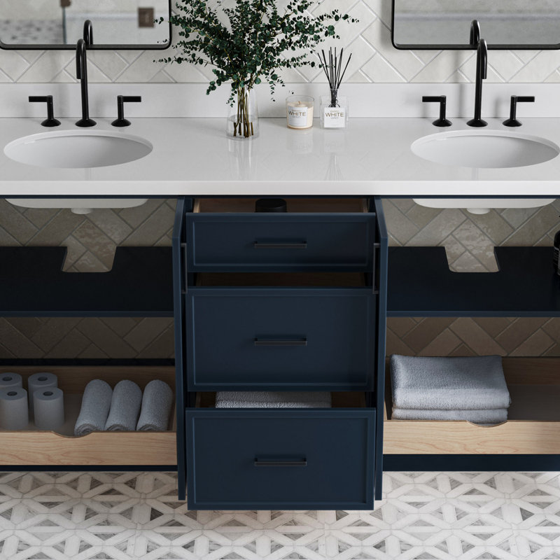 ARIEL Kelly 73 Double Sink Bathroom Vanity with Pure Quartz Top, Midnight Blue, Oval, Pure White Quartz