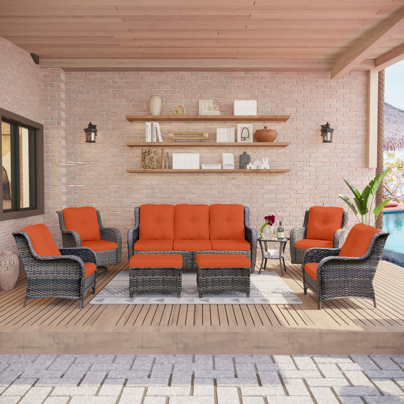 Ensemble de conversation d'extérieur pour 9 personnes avec coussins Anahit, Orange