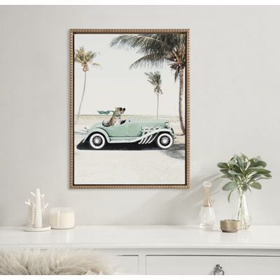 «Leopard in Car Beach Palms» par juillet, reproduction d'art sur toile encadrée