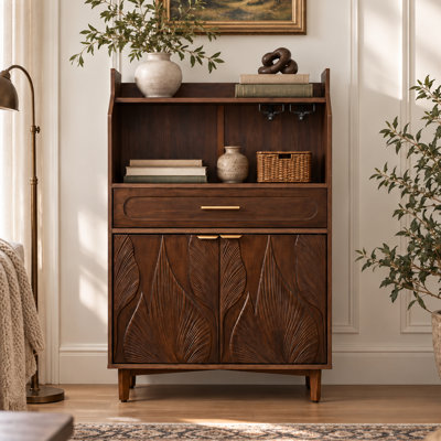 Ewyn 40" Sculpted Wine Cabinet With Removable Rack, Glass Holders, Drawer & Adjustable Shelf,Walnut,Carved Leaf Doors