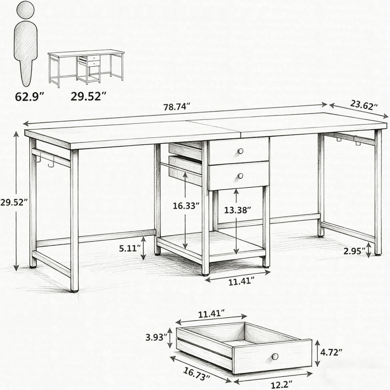 Bureau double industriel pour deux personnes 78 "avec tiroirs et tablette de rangement, Brun rustique