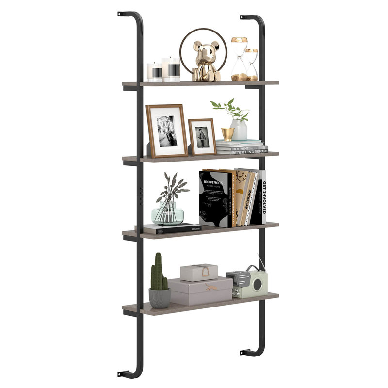4-tier Wall-mounted Ladder Shelf Display Bookshelf With Heavy-duty Metal Frame, Gray Oak