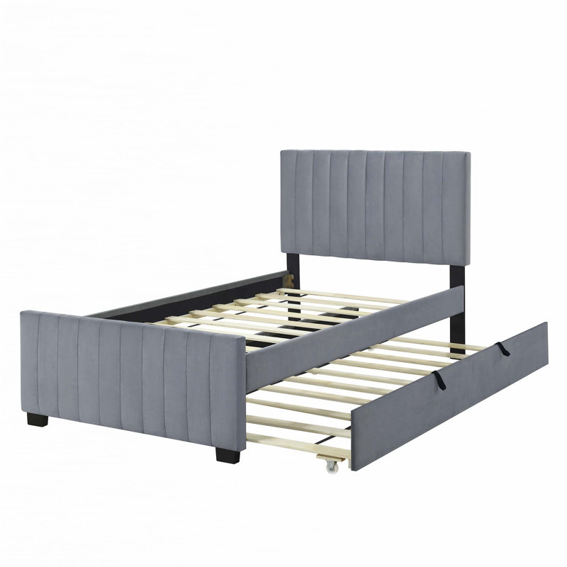 Lit plateforme tapissier en velours avec lit gigogne simple, Simple, gris