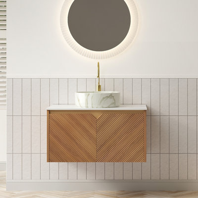 Meuble-lavabo 30 po, meuble de rangement flottant en contreplaqué, portes doubles en sergé avec garniture en métal, vasque ronde en céramique blanche à motif pierre mat et plateau en pierre frittée, couleur grain de bois de chêne brun