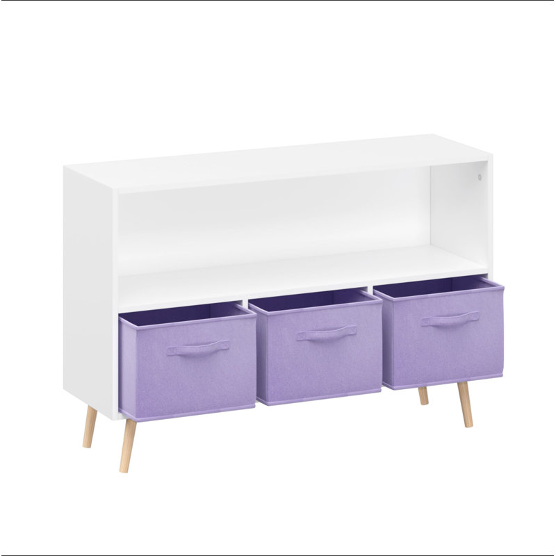 Bibliothèque pour enfants avec tiroirs en tissu pliables, présentoir à livres pour enfants, armoire de rangement pour jouets, blanc / mauve