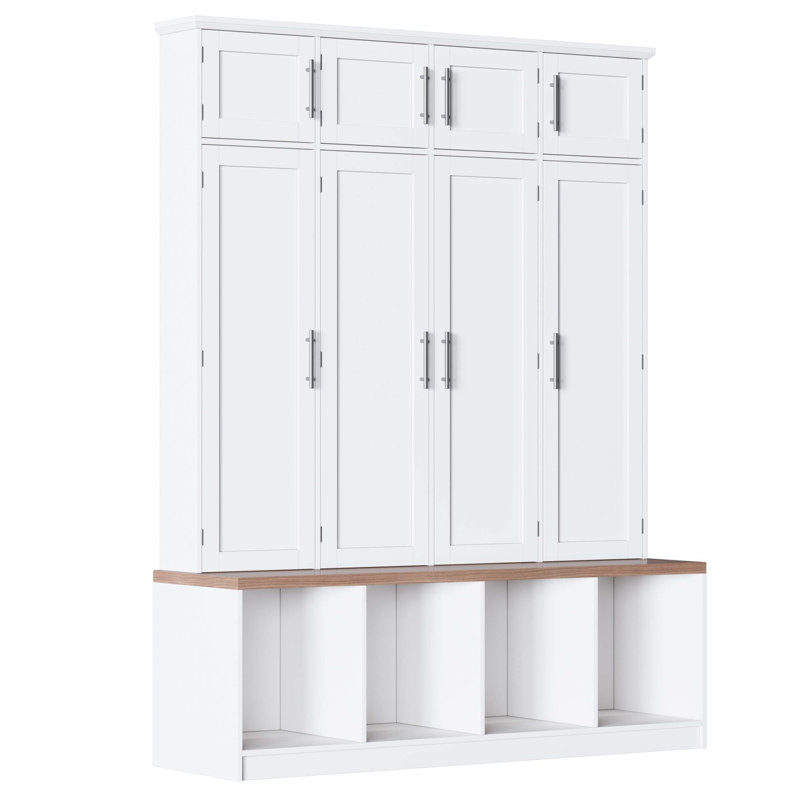 Farmhouse Hall Tree Combining Seating Bench, Shoe Cabinet, Hanging Rack and Storage Cabinets for Entryway and Living Room Organization