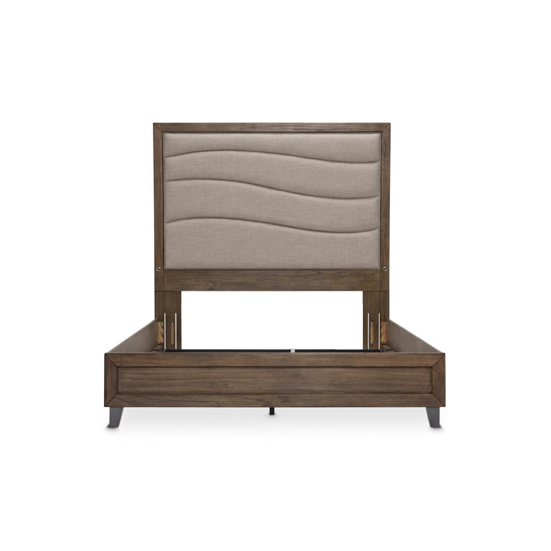 King Dark Brown Acacia Wood Upholstered Bed with Cream Headboard