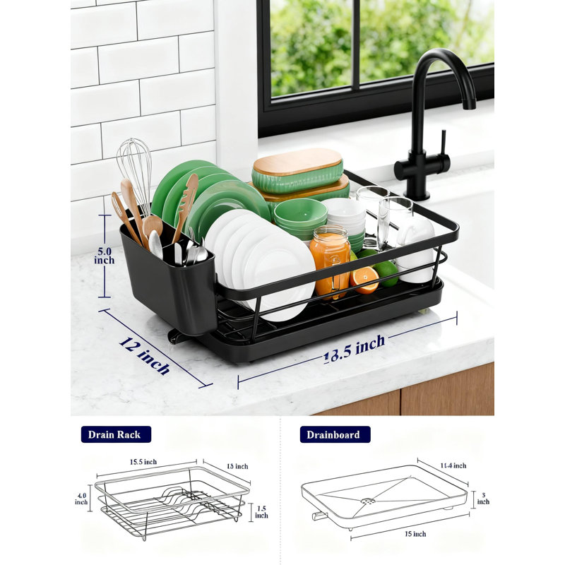 Compact Dish Drying Rack With Utensil Holder, Adjustable Drain Spout, Rust-Proof Space-Saving Kitchen Counter Organizer