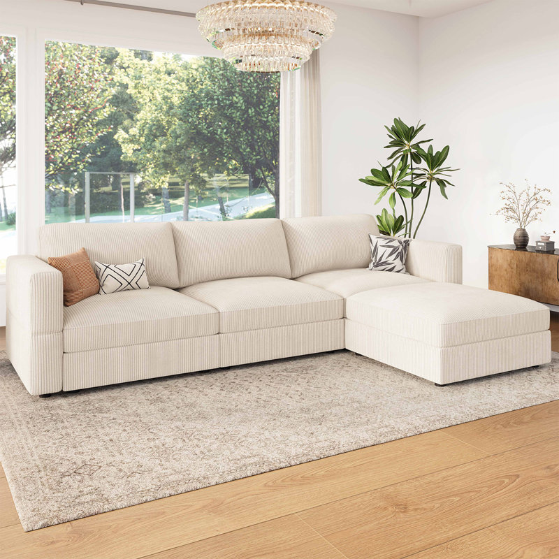 Bouley L-shaped Modular Corduroy Sectional Cloud Couch, Beige Corduroy