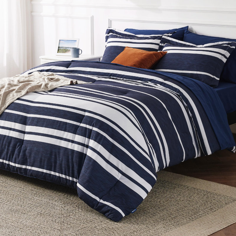 Bedsure Comforter Set 7 Pieces,Cationic Dyeing Bed in a Bag with Comforter, Sheets, Pillowcases & Shams, Navy Striped