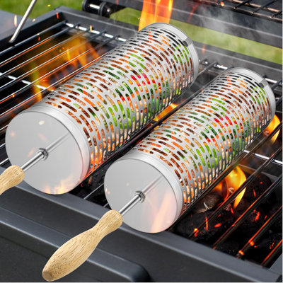 2 Pcs Nesting Grill Baskets,304 Stainless Steel, Rolling Grilling Net, BBQ Accessories Tools For Vegetables Shrimp, Outdoor Cooking Camping (B Style)