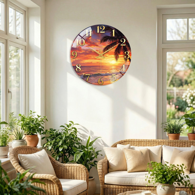 Horloge murale décorative moderne en verre Sunset Beach - 23,6 po, 60 x 60 cm (23,6 x 23,6 pouces)