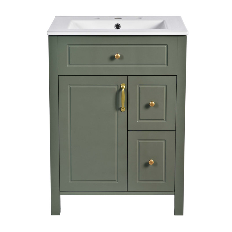 Meuble-lavabo de 24 pouces avec lavabo en céramique, 1 porte à fermeture douce, 2 tiroirs à fermeture douce, Vert