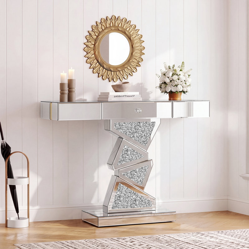 Console moderne de 101 cm (39,7 po) avec miroir et tiroir, table glamour à motif diamant pour entrée, table de couloir en verre argenté, table d'appoint étroite pour salon, piètement triangulaire empilé