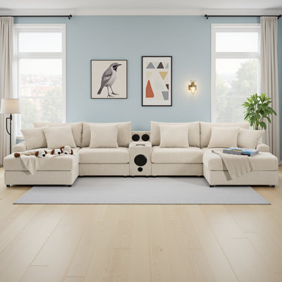 Canapé modulaire en velours côtelé 144 pouces avec haut-parleurs Bluetooth - 6 places avec ports de charge, rangement et repose-pieds