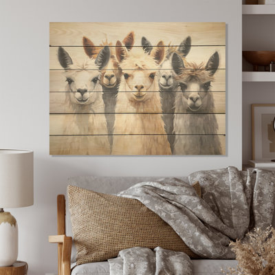 «Beige et gris» Minimalisme Curieux Alpacas Collage - Alpacas, art mural sur bois de pin naturel